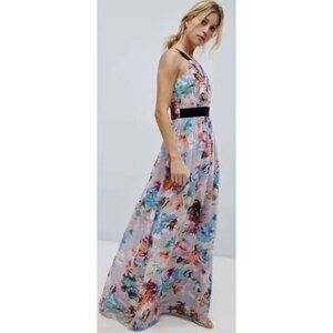 LITTLE MISTRESS High Neck Full Bloom Floral Maxi Dress Crepe Wedding Shower NWT